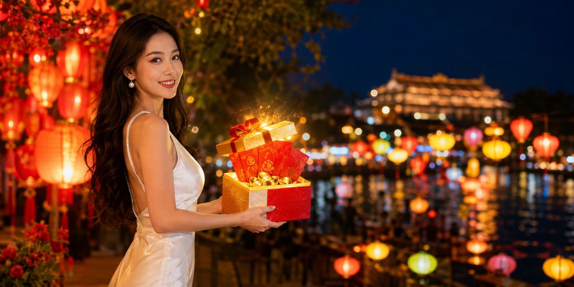 Người dùng tại chợ đêm Huế kiểm tra điểm thưởng VIP và nhận phong bì đỏ trên điện thoại